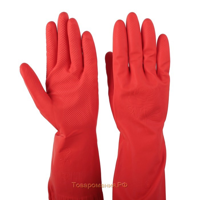 Перчатки хозяйственные латексные, размер L, 38 см, длинные манжеты, цвет красный
