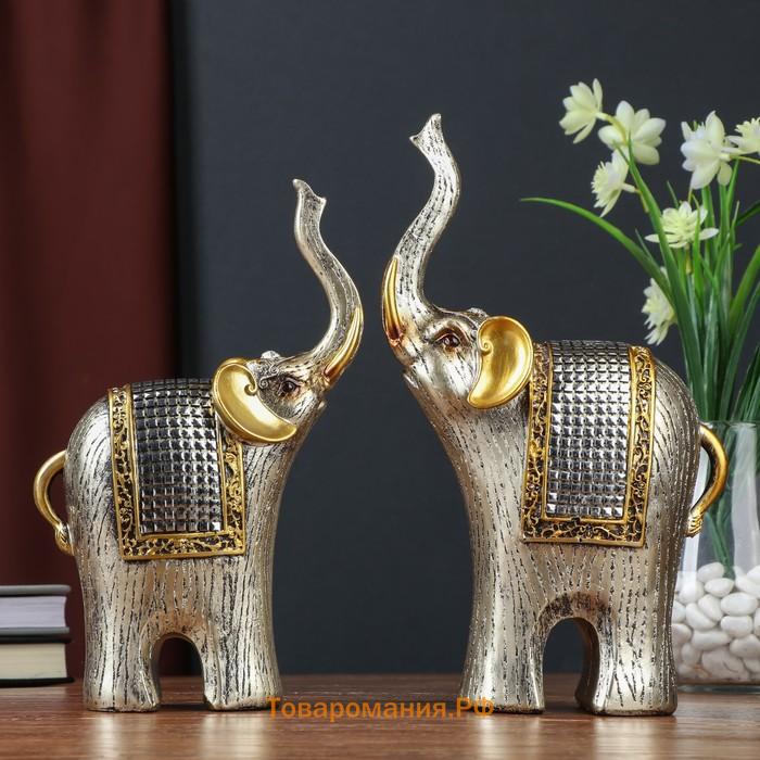 Сувенир полистоун "Два слона с попоной-кальчугой" набор 2 шт 26,5х7,5х16,5 см