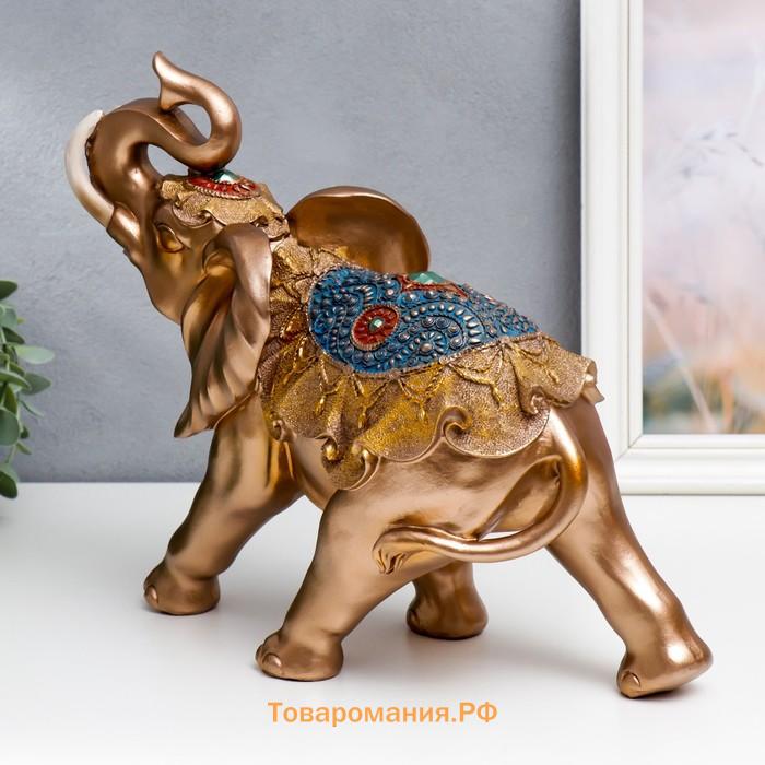 Сувенир полистоун "Золотистый слон в синей попоне с кисточками" МИКС 28,5х15х32,5 см