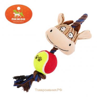 Игрушка для собак 3-в-1 "Корова": канатная, мягкая с пищалкой, войлочный мяч, 30 см
