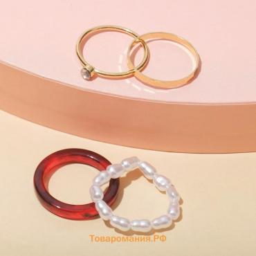 Кольцо набор 4 штуки "Джипси", эстетика, цвет красно-белый в золоте, размер 16-17